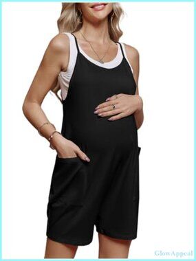 Sleeveless Maternity Romper with Pockets Loose Fit Wide Leg Jumpsuit